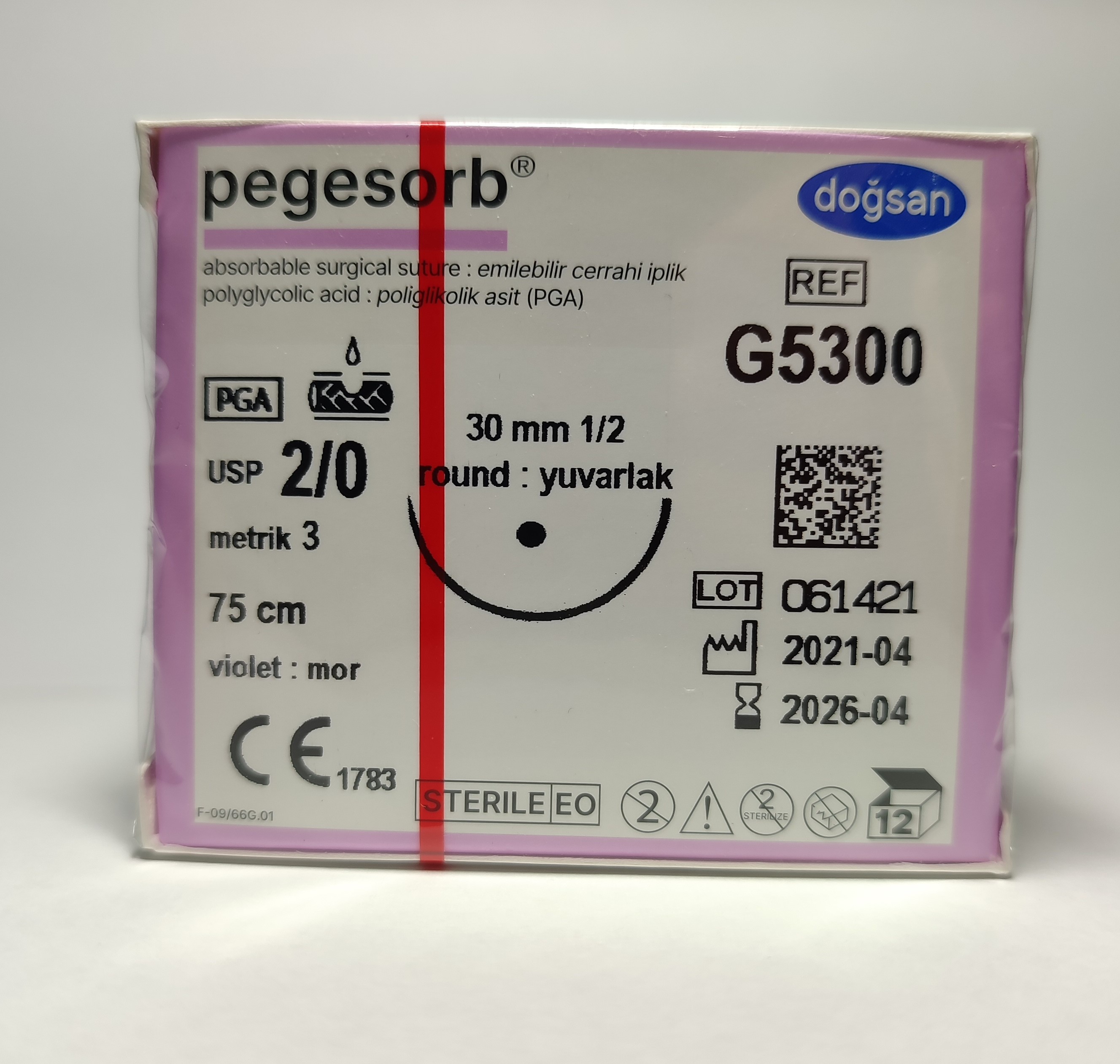 PEGESORB Полігліколід, USP 2/0, колюча голка 30мм, довжина 75см (G5300)